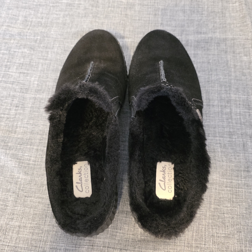 Clarks Caroline Step Black Suede Slip Ons Faux Fur Clogs Mules Women’s 8.5m - Picture 3 of 8